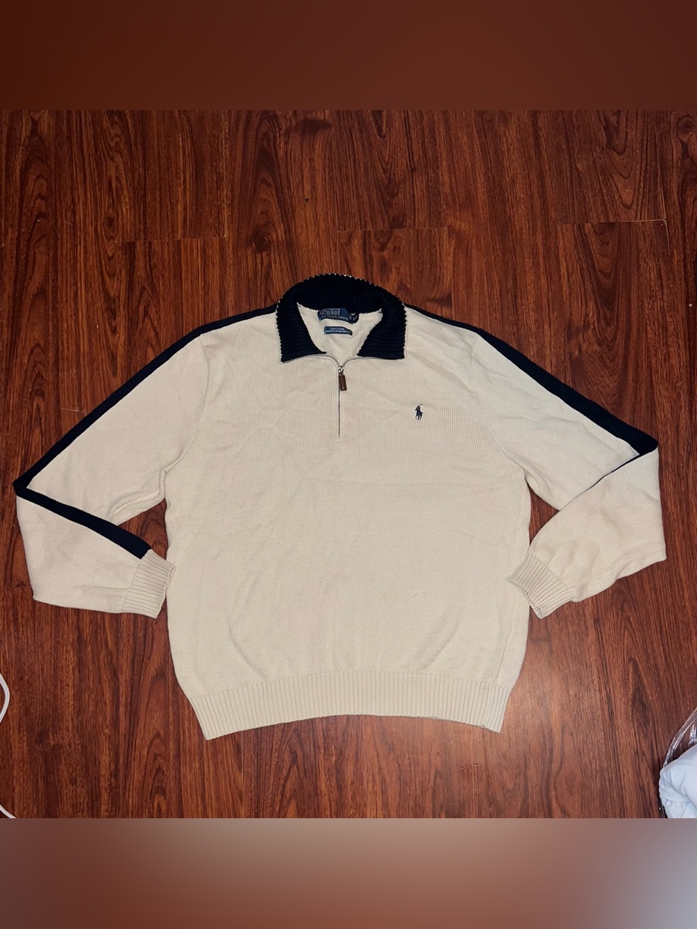 Ralph Lauren Cream Quarter-Zip Sweater with Navy Trim